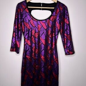 Purple and Fuschia sequins sexy fitted open back Marciano dress.  XS